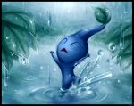  ^_^ alyssa_gerwig arms_up black_border blue_pikmin blue_skin border closed_eyes colored_skin commentary dew_drop english_commentary highres leaf making-of_available no_humans outdoors pikmin_(creature) pikmin_(series) rain solo splashing triangle_mouth wading water_drop 