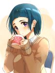  1girl blue_hair blunt_bangs blush breasts brown_cardigan cardigan closed_mouth cup dot_nose hands_up holding holding_cup idolmaster idolmaster_cinderella_girls idolmaster_cinderella_girls_starlight_stage long_sleeves looking_at_viewer mug nira_(vira) okazaki_yasuha on_chair shirt short_hair simple_background sitting sleeves_past_wrists small_breasts smile solo upper_body violet_eyes white_shirt yellow_background 