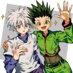  2boys :d belt blue_eyes blue_shirt blush brown_eyes covered_navel cropped_jacket gon_freecss green_hair green_jacket green_shorts hand_on_another&#039;s_shoulder hand_up highres hunter_x_hunter jacket killua_zoldyck male_focus midriff multiple_boys open_mouth shirt shorts simple_background smile sparkle spiky_hair sweatdrop waving white_hair white_shirt xi_luo_an_ya 