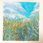  blue_sky clouds cloudy_sky grass mimoth no_humans original painting_(medium) pastel_(medium) plant scenery sky tall_grass traditional_media white_background 