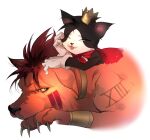  :3 animal_focus bracer brown_hair cait_sith_(ff7) cape cat claws closed_eyes collar commentary crown fangs final_fantasy final_fantasy_vii gloves hand_on_own_cheek hand_on_own_face head_on_hand looking_back lying no_humans on_stomach open_mouth red_cape red_fur red_xiii roman_numeral s_sohwagi_s shoulder_tattoo slit_pupils smile symbol-only_commentary tattoo white_background white_gloves yellow_eyes 