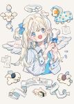 1girl :d angel angel_wings bandaged_arm bandages bandaid bandaid_on_face bandaid_on_hand blonde_hair blue_bow blue_eyes blue_ribbon blue_shirt bone bow cropped_torso earrings feathered_wings food hair_bow halo highres holding holding_bone jacket jewelry long_hair long_sleeves looking_at_viewer one_side_up open_clothes open_mouth original paper pill putong_xiao_gou ribbon shirt simple_background smile solo striped_clothes striped_shirt stud_earrings sushi upper_body vertical-striped_clothes vertical-striped_shirt white_background white_wings wings 