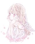  1girl angel_wings bare_shoulders blonde_hair blush braid closed_mouth collarbone crying crying_with_eyes_open dress feathered_wings flower hands_on_own_face highres kotono_n0 long_hair original pink_eyes pink_flower simple_background solo tears upper_body white_background white_dress white_wings wings 