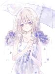  1girl bare_arms bare_shoulders blue_eyes blue_flower closed_mouth collarbone crying crying_with_eyes_open dress flower hair_flower hair_ornament highres holding holding_umbrella hydrangea kotono_n0 looking_at_viewer original purple_flower rain short_hair simple_background sleeveless sleeveless_dress solo sundress tears transparent transparent_umbrella umbrella upper_body violet_eyes white_background white_dress white_umbrella 