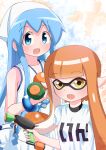  2girls absurdres blue_eyes blue_hair dress highres ikamusume inkling_girl inkling_player_character msb_115mc multiple_girls orange_hair shinryaku!_ikamusume splatoon_(series) tentacle_hair white_dress white_headwear 