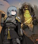  1girl 2others armor black_cape black_gloves black_pants blue_hair blush bug cape clenched_hand cosplay drone friendly_fire gloves gogalking gun hand_up helldiver_(helldivers) helldivers_(series) helmet highres holding holding_gun holding_weapon laser long_hair military_uniform monster multiple_others original pants planet ponytail portia_(gogalking) pouch smile uniform violet_eyes weapon 
