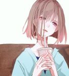  1girl blue_shirt blush bob_cut brown_hair cup disposable_cup drinking_straw fangs head_tilt highres holding holding_cup looking_ahead open_mouth original shirt short_hair simple_background sitting solo srnmomo upper_body violet_eyes white_background 
