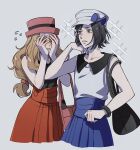  1boy 1girl alternate_costume bag black_hair blonde_hair blue_skirt blush calem_(pokemon) clenched_teeth collared_shirt commentary crossdressing eyelashes flying_sweatdrops grey_background grey_eyes handbag hands_up hat highres long_hair low-tied_long_hair oratoza pleated_skirt pokemon pokemon_xy serena_(pokemon) shirt short_hair skirt sleeveless sleeveless_shirt sunglasses symbol-only_commentary teeth 