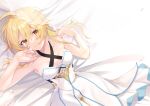  1girl arm_up bare_shoulders blonde_hair blush breasts closed_mouth dress flower genshin_impact hair_between_eyes hair_flower hair_ornament looking_at_viewer lumine_(genshin_impact) lying medium_breasts nata_ichio smile white_dress yellow_eyes 