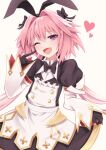  1boy animal_ears astolfo_(fate) astolfo_(saber)_(fate) black_bow black_bowtie black_gloves black_thighhighs bow bowtie braid dress fake_animal_ears fang fate/grand_order fate_(series) finger_to_cheek gloves gold_trim hair_bow hair_intakes heart light_blush long_braid long_hair low_twintails maid male_focus multicolored_hair one_eye_closed open_mouth otoko_no_ko pink_hair rabbit_ears sato_(r017xts117) simple_background single_braid skin_fang skirt_hold smile solo streaked_hair thigh-highs twintails two-tone_hair very_long_hair violet_eyes white_background white_hair wing_collar 