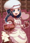  1girl :d absurdres alcremie alcremie_(strawberry_sweet) apron black_hair box buttons chef_hat clenched_hand commentary_request dawn_(palentine&#039;s_2021)_(pokemon) dress eyelashes gift gift_box grey_eyes hair_ornament hairclip happy hat highres hikari_(pokemon) long_hair looking_at_viewer official_alternate_costume open_mouth oven_mitts pokemon pokemon_masters_ex red_dress refisa ribbon short_sleeves sidelocks smile tongue white_headwear 