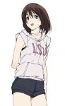  1girl arm_behind_back brown_eyes brown_hair collarbone grey_shorts highres hood hoodie kakeami looking_at_viewer medium_hair original short_shorts shorts simple_background solo standing tongue tongue_out white_background white_hoodie 