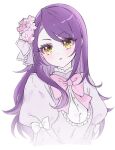  1girl cropped_torso flower hair_down hair_flower hair_ornament jjuu0105 long_hair long_sleeves looking_at_viewer neck_ribbon parted_lips pink_flower pink_ribbon pretty_series pripara puffy_sleeves purple_hair ribbon simple_background solo toudou_shion upper_body white_background yellow_eyes 