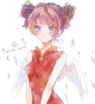  1girl 2019 angel_wings bare_arms blue_eyes blush breasts brown_hair china_dress chinese_clothes closed_mouth crescent dated double_bun dress feathered_wings flower hair_bun hair_flower hair_ornament highres looking_at_viewer medium_breasts original red_dress short_hair simple_background sleeveless sleeveless_dress solo srnmomo star_(symbol) upper_body violet_eyes white_background white_wings wings yellow_flower 