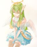  1girl angel angel_wings bare_shoulders between_legs black_thighhighs blue_dress brown_thighhighs closed_mouth dress feathered_wings frilled_dress frills green_eyes green_hair hair_between_eyes halo hand_between_legs highres long_hair looking_at_viewer multicolored_hair original painting_(medium) puffy_sleeves see-through see-through_sleeves short_sleeves sidelocks simple_background sitting smile solo srnmomo thigh-highs traditional_media watercolor_(medium) white_background white_wings wing_hair_ornament wings 