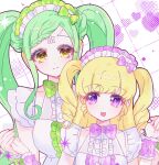  2girls blonde_hair bow braid braided_bangs breasts center_frills commentary_request falala_a_larm frills green_bow green_hair hair_bow head_chain holding_hands idol_time_pripara jjuu0105 korean_commentary long_hair looking_at_another looking_back maid_headdress medium_breasts multiple_girls open_mouth pink_bow pretty_series pripara ringlets small_breasts smile summer_maid_coord twintails two_side_up upper_body violet_eyes white_bow wrist_cuffs yellow_eyes yumekawa_yui 