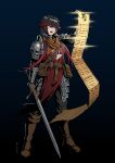  1girl absurdres alternate_costume armor black_background black_hair black_pants boots brown_footwear brown_scarf cosplay crusader_(darkest_dungeon) crusader_(darkest_dungeon)_(cosplay) darkest_dungeon full_body gradient_hair hair_between_eyes hair_over_shoulder highres holding holding_sword holding_weapon lucia:_plume_(punishing:_gray_raven) lucia_(punishing:_gray_raven) multicolored_hair open_mouth orange_eyes pants punishing:_gray_raven red_eyes red_robe redhead robe scar scar_on_cheek scar_on_face scarf shoulder_armor sidelocks skaven_gongcheng_shushi solo streaked_hair sword teeth twintails upper_teeth_only weapon 
