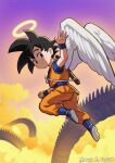  angel_wings black_hair blue_footwear blue_shirt boots clouds dated derivative_work dougi dragon_ball dragon_ball_z feathered_wings from_behind gradient_background halo highres looking_at_viewer medium_hair orange_background orange_pants orange_shirt pants purple_background ruyi_jingu_bang shirt short_sleeves sleeveless sleeveless_shirt son_goku spiky_hair sunna_(nilsunna) waving wings yellow_clouds 