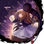  1boy 1girl black_capelet black_gloves black_pantyhose blue_eyes blunt_bangs boots brown_eyes brown_hair capelet claws clenched_hand collared_capelet commentary_request constellation deemo deemo_(character) dress dusk english_text full_body girl_(deemo) gloves hand_on_own_chest high_collar highres light_blush long_hair long_sleeves medium_dress night night_sky outstretched_hand pantyhose parted_lips pleated_skirt red_footwear rock shadow silhouette skirt sky solid_circle_eyes star_(sky) starry_sky usamata white_dress white_sleeves 