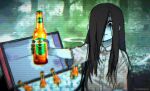  1girl artist_name beer_bottle black_eyes black_hair cerveza_cristal colored_skin commentary cooler dress english_commentary forest glass_bottle highres ice long_hair looking_at_viewer nature outdoors outstretched_hand product_placement scanlines short_sleeves smile solo the_ring twitter_username upper_body very_long_hair wallace_pires white_dress white_skin yamamura_sadako 