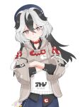  1girl animal_ears beret black_hair blue_headwear blue_skirt choker closed_mouth commentary coralie_(honkai_impact) crossed_arms dog_ears dog_girl grey_eyes grey_hair grey_jacket hat highres honkai_(series) honkai_impact_3rd jacket multicolored_hair red_choker ryokan_(fjrf22) simple_background skirt smile solo symbol-only_commentary two-tone_hair white_background white_hair 