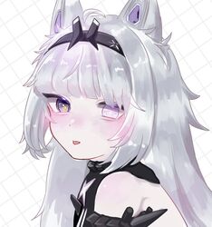  1girl ahoge animal_ears bare_shoulders black_bodysuit black_eyes black_hairband bodysuit cross-shaped_pupils detached_sleeves grey_eyes grey_hair hair_intakes hairband heterochromia highres long_hair looking_at_viewer mechanical_ears mismatched_pupils misoso_25 no.21:_feral_scent_(punishing:_gray_raven) no.21_(punishing:_gray_raven) punishing:_gray_raven sidelocks solo symbol-shaped_pupils tongue tongue_out unkempt wolf_ears 