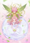  2girls brown_eyes brown_hair closed_eyes closed_mouth detached_sleeves digimon digimon_(creature) digimon_adventure dress fairy fairy_wings flower flower_on_head from_above green_hair green_sleeves hair_flower hair_ornament highres holding holding_flower lanlllan lilimon looking_at_viewer looking_up multiple_girls parted_lips pink_dress plant_hair sleeveless sleeveless_dress tachikawa_mimi thorns twitter_username white_dress wings 
