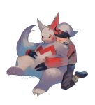  1boy beanie brendan_(pokemon) claws closed_eyes commentary_request fingerless_gloves gloves hat highres hug hug_from_behind jacket kikuyoshi_(tracco) kneeling male_focus pants pokemon pokemon_(creature) pokemon_rse red_jacket shoes white_background white_headwear zangoose 