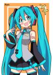  1girl ^^^ absurdres arm_at_side black_skirt black_thighhighs blue_eyes blue_hair blue_nails blue_necktie blush border collared_shirt cowboy_shot frilled_shirt frills grey_shirt hair_between_eyes hand_up hatsune_miku head_tilt hendra highres inset_border legs_apart long_hair looking_at_viewer miniskirt nail_polish necktie open_mouth orange_background pleated_skirt shirt sidelocks simple_background skirt sleeveless sleeveless_shirt smile solo thigh-highs tie_clip twintails very_long_hair vocaloid white_border zettai_ryouiki 