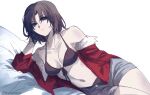  1girl absurdres bare_shoulders bikini breasts brown_eyes brown_hair highres jacket kara_no_kyoukai looking_at_viewer mahimeko red_jacket ryougi_shiki short_hair short_shorts shorts simple_background solo swimsuit type-moon 