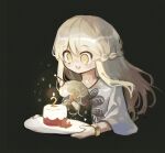  1boy :d birthday_cake black_background blonde_hair bow bowtie bracelet braid cake candle dnuatun elden_beast elden_ring english_commentary food hat highres holding holding_plate jewelry long_hair male_focus miquella_(elden_ring) open_mouth otoko_no_ko party_hat plate red_bow red_bowtie simple_background smile teeth upper_teeth_only yellow_eyes 