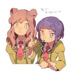  2girls avocado_academy_school_uniform blunt_bangs brown_eyes brown_hair closed_mouth collared_shirt commentary_request cropped_torso double_bun green_jacket hair_bun hand_up idol_time_pripara index_finger_raised jacket juliet_sleeves katupuraamen long_hair long_sleeves looking_at_viewer multiple_girls necktie open_mouth pink_necktie pretty_series pripara puffy_sleeves purple_hair school_uniform shirt short_hair simple_background smile translation_request upper_body violet_eyes white_background white_shirt 
