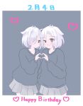  2girls ahoge blue_background blush closed_mouth cowboy_shot dual_persona green_eyes grey_background grey_hair grey_skirt hair_over_one_eye happy_birthday heart heart_hands heart_hands_duo highres kusunoki_mebuki_wa_yuusha_de_aru long_bangs long_sleeves looking_at_viewer matching_outfits miniskirt multiple_girls pleated_skirt shirt short_hair simple_background skirt sweater white_background white_hair yamabushi_shizuku yuki_22n yuusha_de_aru 