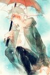  1boy black_pants blue_eyes collarbone danganronpa_(series) danganronpa_2:_goodbye_despair green_jacket grey_hair hair_between_eyes holding holding_umbrella hood hood_down hooded_jacket jacket komaeda_nagito long_sleeves male_focus medium_hair messy_hair open_clothes painting_(medium) pants print_shirt rei_(456789io) shirt solo traditional_media umbrella watercolor_(medium) white_hair white_shirt 