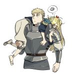  absurdres angry armor blonde_hair blue_robe carrying carrying_over_shoulder carrying_person chainmail closed_mouth dungeon_meshi elf findoworld green_eyes highres hooded_robe laios_thorden long_hair long_sleeves looking_at_another marcille_donato pointy_ears robe scribble short_hair shoulder_armor simple_background speech_bubble upper_body white_background 