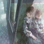  2girls braid collared_dress dress expressionless grey_eyes grey_hair highres hotatenshi long_hair looking_to_the_side multiple_girls neck_ribbon original ribbon siblings sitting sunlight train_interior twin_braids twins umbrella 