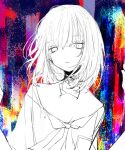  1girl absurdres bags_under_eyes closed_mouth dot_nose expressionless greyscale_with_colored_background hair_between_eyes highres looking_at_viewer medium_hair multicolored_background neckerchief noroi_(rnatataki) original sailor_collar school_uniform serafuku shirt solo upper_body 