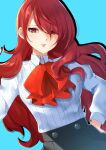  1girl black_skirt bow bowtie collared_shirt edamameoka gekkoukan_high_school_uniform hand_on_own_hip highres kirijou_mitsuru light_blue_background long_hair long_sleeves looking_at_viewer parted_lips persona persona_3 red_bow red_bowtie red_eyes redhead school_uniform shirt skirt solo upper_body very_long_hair white_shirt 