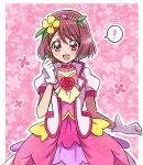  ! 1girl :d blush choker collarbone cosplay cowboy_shot cure_grace cure_grace_(cosplay) dot_nose dress earrings floral_background flower flower_brooch gloves hair_flower hair_ornament hakuchuu hanadera_nodoka healin&#039;_good_precure heart heart_hair_ornament highres jacket jewelry layered_dress looking_at_viewer magical_girl open_mouth pink_background pink_choker pink_dress pink_theme precure red_eyes redhead self_cosplay short_hair smile solo spoken_exclamation_mark standing straight-on white_gloves white_jacket 