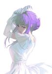  1girl arms_up dress elbow_gloves expressionless fern_(sousou_no_frieren) gloves hair_bun hair_ornament highres long_hair looking_at_viewer mmi_ryu parted_lips purple_hair sidelocks simple_background solo sousou_no_frieren upper_body violet_eyes white_background white_dress white_gloves 