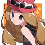  1girl artist_name border brown_hair closed_mouth eyewear_on_headwear grey_eyes hat highres long_hair looking_at_viewer orange_background outside_border pekaso1118n pokemon pokemon_xy red_headwear serena_(pokemon) simple_background smile solo sunglasses twitter_username upper_body white-framed_eyewear white_border 