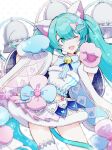  1girl adapted_costume agonasubi animal_ear_fluff animal_ears animal_hands aqua_hair bell candy candy_cane cat_ears commentary_request food gloves green_eyes hatsune_miku highres long_hair long_sleeves looking_at_viewer magical_mirai_(vocaloid) magical_mirai_miku magical_mirai_miku_(2020_winter) neck_bell one_eye_closed open_mouth paw_gloves simple_background single_thighhigh smile solo tail thigh-highs very_long_hair vocaloid white_background wide_sleeves 