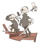  1boy 1girl 2b_(nier:automata) 9s_(nier:automata) black_blindfold black_dress black_gloves black_hairband black_thighhighs blindfold boots breasts clothing_cutout covered_eyes dress gloves hairband highres juliet_sleeves leotard long_sleeves medium_breasts nier nier:automata nier_(series) pod_(nier:automata) puffy_sleeves short_hair shorts solo temmie_chang thigh-highs white_hair 