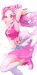  1girl absurdres arms_behind_head back_bow boots bow closed_mouth commentary cone_hair_bun cropped_shirt cure_yell cut_bangs flower frown hair_bun hair_flower hair_ornament heart heart_hair_ornament highres hugtto!_precure light_particles long_hair looking_to_the_side magical_girl midriff miniskirt navel nono_hana pink_eyes pink_footwear pink_hair pink_shirt pink_skirt pleated_skirt pouch precure scrunchie see-through see-through_sleeves shirt short_sleeves shuu_(mniarnoakou) skirt solo standing standing_on_one_leg thigh-highs white_bow white_thighhighs wind wrist_scrunchie yellow_scrunchie 