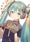  1girl 39 blue_eyes blue_hair bow bowtie collared_shirt gloves grin hair_ornament hair_ribbon hatsune_miku headphones highres holding holding_ribbon long_hair looking_at_viewer miku_day original-orange-610917 ribbon shirt smile solo striped_clothes striped_shirt twintails vertical-striped_clothes vertical-striped_shirt vocaloid 