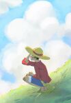  1boy arm_up black_hair blue_shorts clouds commentary frilled_shirt frills grass hamster_sally hand_on_headwear hat highres looking_up male_focus monkey_d._luffy one_piece profile red_shirt sandals sash scar scar_on_face shirt short_hair shorts sky solo squatting straw_hat yellow_sash 