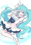  1girl black_dress blue_eyes center_frills dress frills giorgio_(yo_sumire_sola1) hatsune_miku highres holding holding_microphone long_hair looking_at_viewer microphone open_mouth outstretched_hand solo teeth twintails upper_teeth_only vocaloid white_footwear 