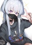  1girl black_choker black_shirt blanc_(whit_blanc) blue_archive blush choker grey_hair highres long_hair looking_at_viewer noa_(blue_archive) shirt short_sleeves simple_background smile solo tongue tongue_out v violet_eyes white_background 
