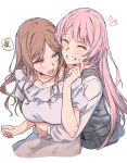 2girls :d ^_^ angry bang_dream! bang_dream!_it&#039;s_mygo!!!!! blue_eyes blue_shirt blush breasts brown_hair buckle chihaya_anon closed_eyes collarbone dress frilled_shirt_collar frills highres hug hug_from_behind jewelry long_hair long_sleeves multiple_girls nagasaki_soyo necklace parted_bangs pinafore_dress pink_hair plaid plaid_dress pleated_shirt pleated_skirt puffy_short_sleeves puffy_sleeves shirt shirt_tucked_in short_sleeves simple_background skirt sleeveless sleeveless_dress smile sou_(user_hgyh8775) white_background white_shirt yuri