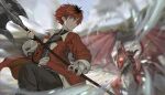  1boy axe bandaged_arm bandages battle_axe black_hair coat dragon highres holding holding_axe male_focus mmi_ryu multicolored_hair red_coat redhead solo sousou_no_frieren stark_(sousou_no_frieren) two-tone_hair weapon 